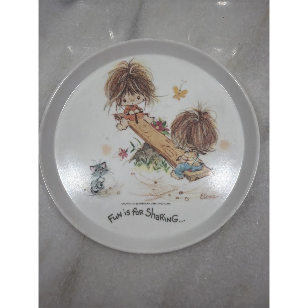 Vintage Round MelamineKids Plate 1978. Oneida Deluxe Urchins Fun Is For Sharing